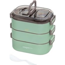 Larskas Vagonlife Bento 1450ML Lunchbox Üç Katlı 5 Bölmeli ve Mini Sosluklu Çelik Sefer Tası Yemek Kutusu (Yeşil)