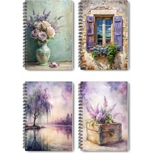 Larskas Purple Dream 4'lü Defter Seti - A5 Boyut, Çizgisiz, Tel Spiralli, Nostaljik Tasarım - Günlük, Ajanda, Okul ve Hatıra Defteri
