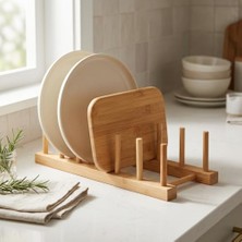 Larskas Deconox 5 Bölmeli Bambu Tabaklık - Tezgah Üstü ve Dolap Içi Tabak Düzenleyici, Kesme Tahtası ve Tencere Kapağı Organizeri (25 x 12 Cm)