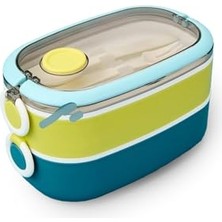 Larskas Bento 1300ML Lunchbox 2 Katlı 3 Bölmeli Paslanmaz Çelik Sefer Tası Yemek Kutusu (Mavi-Fıstık Yeşili)