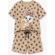 Yiğit Butik Kız Çocuk Tavşan Baskılı Leopar Desenli Şortlu Takım Yazlık Ikili Takım