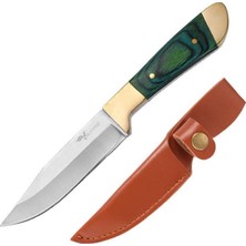 Larskas Paslanmaz Çelik Kamp Bıçağı | 16 cm Outdoor Av Bıçağı Deri Kılıflı Kompakt Bıçak Yeşil