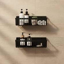Larskas Yapışkanlı Plastik Siyah Banyo ve Mutfak Rafı – Su Tahliyeli Duş Organizeri, Askılı Düzenleyici (2’li Set – 25 Cm)