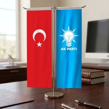 Punto Dizayn Mavi Ak Parti ve Türk Bayrağı Kırlangıç T tipi Masa Bayrak Takımı