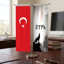 Punto Dizayn Türk Yazılı Bozkurt ve Türk Bayrağı Kırlangıç T tipi Masa Bayrak Takımı