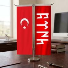 Punto Dizayn Göktürkçe Türk Yazılı Kırmızı Bayrak ve Türk Bayrağı Kırlangıç T tipi Masa Bayrak Takımı