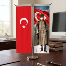 Punto Dizayn Kalpaklı Atatürk ve Türk Bayrağı Kırlangıç T tipi Masa Bayrak Takımı