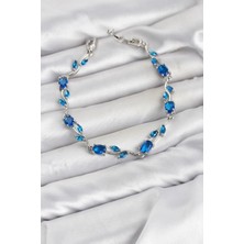 AyrStore Buğz Pirinç Gümüş Renk Mavi Zirkon Taşlı Çiçek Model Kadın Bileklik