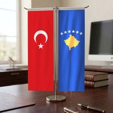 Punto Dizayn Kosova Cumhuriyeti Bayrağı ve Türkiye Bayrağı Kırlangıç T tipi Masa Bayrak Takımı