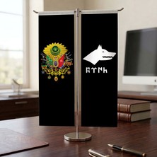 Punto Dizayn Osmanlı Arması ve Göktürkçe Türk Yazılı Bayrak Kırlangıç T tipi Masa Bayrak Takımı