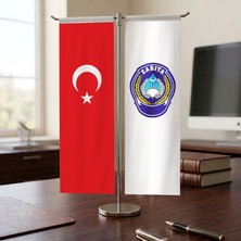Punto Dizayn Zabıta Müdürlüğü Arması ve Türk Bayrağı Kırlangıç T tipi Masa Bayrak Takımı