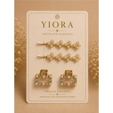 Yiora 4lü Premium Seri Metal Gold/altın Inci ve Taş Detaylı Toka Seti (2 Adet Tel Toka 7cm & 2 Adet Mandal Toka 2,5 Cm)