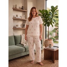 Sleeproom Büyük Beden Bisiklet Yaka Waffle Kumaş Çiçek Desen Kısa Kollu Pijama Takımı