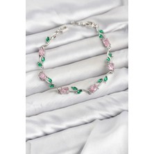 AyrStore Buğz Pirinç Gümüş Renk Pembe Zirkon Taşlı Çiçek Model Kadın Bileklik