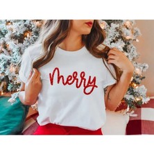 Pomeya  Yılbaşı Merry Christmas Baskılı Kısa Kollu Oversize Bisiklet Yaka T-Shirt - Beyaz