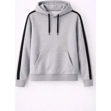 Pomeya  Erkek Şeritli Kapüşonlu Sweatshirt Oversize 3 Iplik Pamuklu - Gri