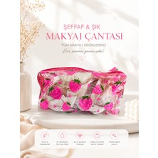 Stillo Şeffaf Makyaj Çantası – Şıklığı ve Düzeni Bir Arada! Pembe Çilek Desenli
