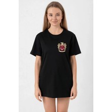 Pomeya  Türk Arma Baskılı Oversize Bisiklet Yaka Günlük T-Shirt - Siyah