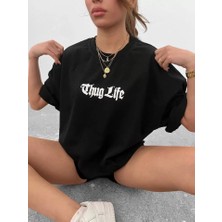 Pomeya  Unisex Bisiklet Yaka Baskılı Oversize T-Shirt - Siyah