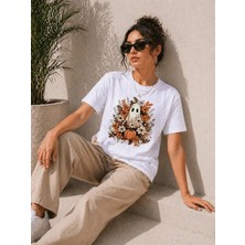 Pomeya  Balkabağı Hayalet Baskılı Tişört Kısa Kol Yazlık T-Shirt - Beyaz