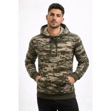 Pomeya  Erkek Kamuflaj Desenli 2 Iplik 4 Mevsim Kapüşonlu Kanguru Cepli Hoodie Sweatshirt - Kamuflaj