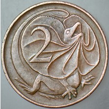Banknoting Avustralya 2 Cent 1966 Basıldığı Ilk Yıl. Geniş Boyunlu Kertenkele Temalı. 21,6 Mm.