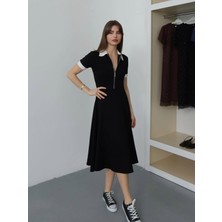 Pomeya  Kadın Polo Yaka Fermuar Detaylı Modal Midi Elbise