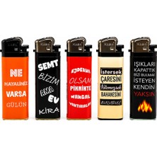 Onr Store Komik Yazılı Taşlı Çakmak Seti 5\'li Karışık Desenli Gazlı Hediyelik Çakmak