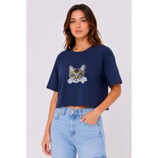 Pomeya  Kedi Baskılı Oversize Crop Tişört Salaş Basic Yarım Kol T-Shirt - Lacivert