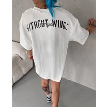 Pomeya  Unisex Bisiklet Yaka Baskılı Oversize T-Shirt - Beyaz