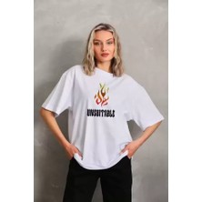 Pomeya  Unisex Bisiklet Yaka Baskılı Oversize T-Shirt - Beyaz