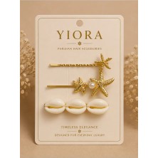 Yiora Premium Seri 3lü Kadın Yan Toka Deniz Kabuğu Inci Detaylı Parlak Altın/gold Renk Yan Toka 7-8 cm