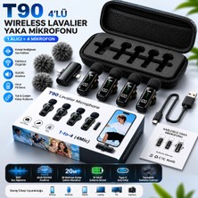 Azurtech T90 4’lü Kablosuz Yaka Mikrofonu | 1 Alıcı + 4 Verici, Gürültü Engelleme, Type-C/lightning Uyumlu, Şarj Kutulu Profesyonel Mikrofon Seti