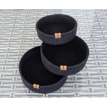 Esranın Dünyası Dekoratif 3 Adet Yuvarlak Sepet 20CM Siyah Jüt Dekoratif Düzenleyici Organizer