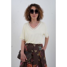 Zelish My Sister Sarı Simli V Yaka Yıkamalı Modal Tshirt