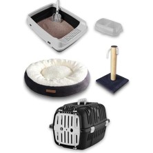 Esranın Dünyası Premium Kedi Başlangıç Seti - Açık Kedi Tuvaleti, Taşıma Sepeti, Peluş Simit Yatak, Tırmalama Tahtası, Ikili Mama Kabı, Kürek - At8