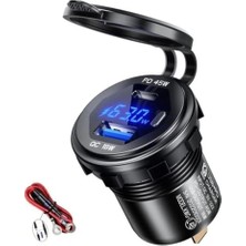 Esranın Dünyası Type C/usb Portlu Anahtarlı Voltmetre Göstergeli Hızlı Şarj Araç/tekne/motosiklet Mavi Işık