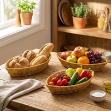 Sepet Dolusu® 3’lü Kayık Formlu Plastik Rattan Sepet Seti–hasır Görünümlü ekmek, Meyve ve Sunum Sepetleri, Çok Amaçlı Masaüstü Organizer