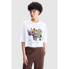 Ecko Unltd. Ecko Red Ruth Loose Fit Crop Bisiklet Yaka Baskılı Nakışlı %100 Pamuk Kadın Beyaz Tshirt