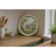 Zucci Home English Vintage Büyük Çay Servis Tepsisi | Country Cottage | Yuvarlak Büyük Sunum Tepsisi - 36X36 cm