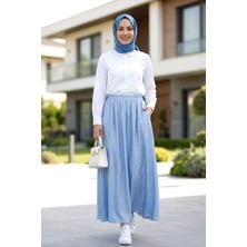 Harma Time Butik Kadın Beli Lastikli Çilek Kumaş Mavi Etek