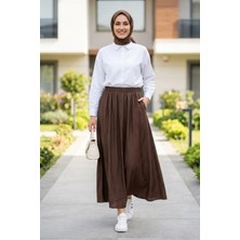 Harma Time Butik Kadın Beli Lastikli Çilek Kumaş Kahverengi Etek