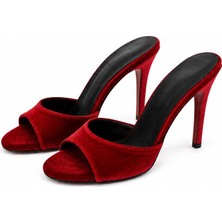 Meril Shoes Scarlet Kırmızı Kadife Ince Topuklu Kadın Terlik
