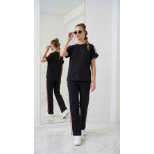 Ded Collection Kadın Renkli Şeritli Takım Bisiklet Yaka Kısa Kollu Üst ve Cepli Pantolon Modal Takım