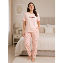 Lotus Homewear Pamuklu Yumuşak Kiraz Desen Yazlık   Kısa Kollu Büyük Beden Kadın Pijama Takımı