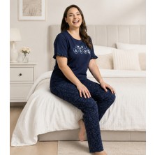 Pamuklu Yumuşak Kolu Fırfırlı Kalpli Yazlık   Kısa Kollu Büyük Beden Kadın Pijama Takımı
