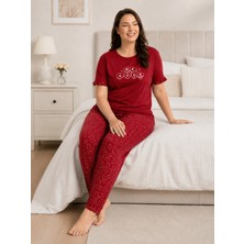 Pamuklu Yumuşak Kolu Fırfırlı Kalpli Yazlık   Kısa Kollu Büyük Beden Kadın Pijama Takımı