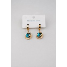 Trend Collection Gold Renk Çelik Küpe Mavi Taşlı Ay Yıldız Sallantılı Küpe
