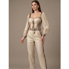 Crystalia Simli Keten Leopar Detaylı Kemerli Pantolonlu Abiye Takım