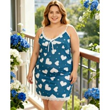 NiCe İç Giyim Battal Büyük Beden Mavi Renk Kalp Desen Dantel Detay Kadın Gecelik 3xl-4xl ) Beden Ince Yazlık Kumaş